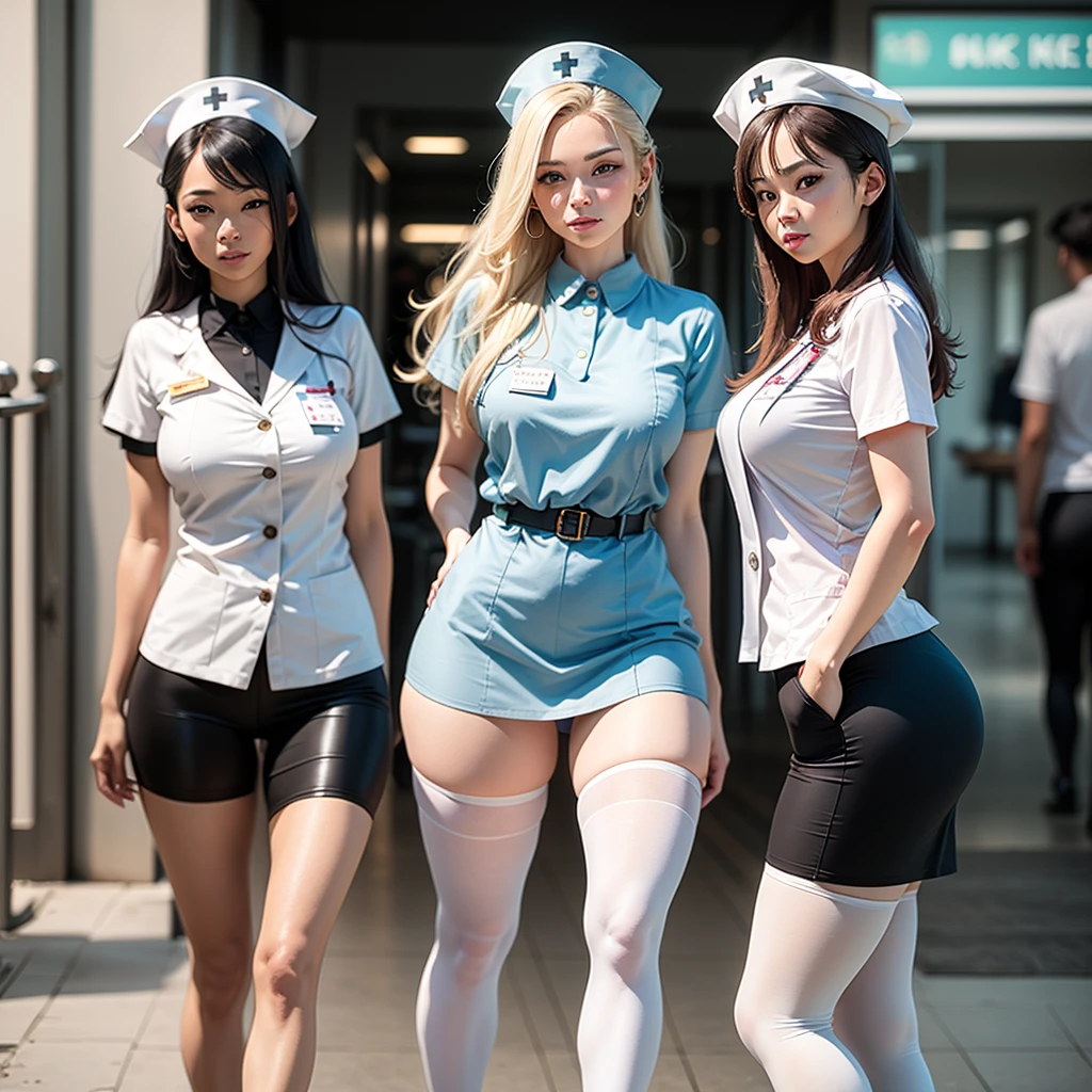 A group of nurses wearing white tights and hats