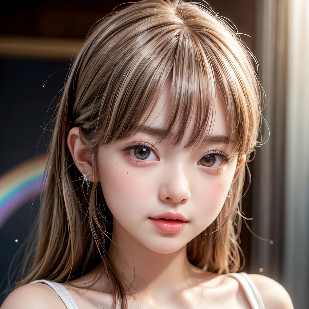 NSFW, 8k, High-level, absurd, masterpiece, best quality, primitive, very detailed CG, very detailed wallpaper, perfect lighting, Extremely detailed (((The personifying " pixy " as a Little Girl))), MysticSight, Tyndall effect, Tyndall scattering, Studio gray background with (many Dazzling RainbowColor particles BokeH:1.28), (RoundlyButts, ThighGap), (Exposed:0.4), (Assfocus with looking ahead), BREAK (NOGIZAKA face variations) Extremely Detailed very KAWAII face variations, perfect anatomy, Childish, captivating gaze, elaborate detailed Eyes with (sparkling highlights:1.28), long eyelashes、Glossy RED Lips with beautiful details, Coquettish tongue, Rosy cheeks, Radiant PearlSkin with clear transparency . { (Dynamic LifeLike expressions:1.4) | :d) }, (large eyes:-1) .