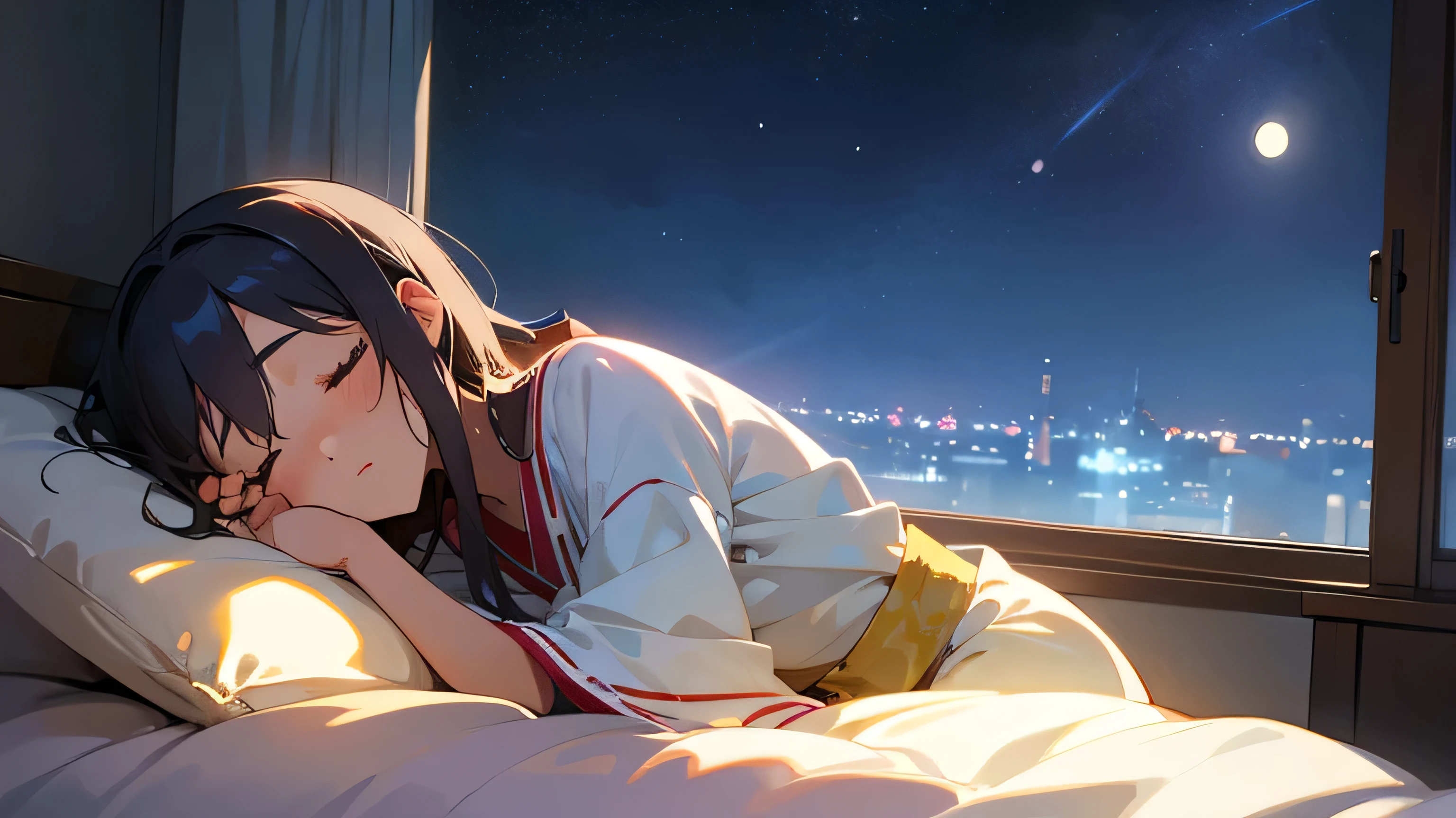 A beautiful girl sleeping in her room　Warm lighting　Outside the room you can see the night sky　Japanese anime style