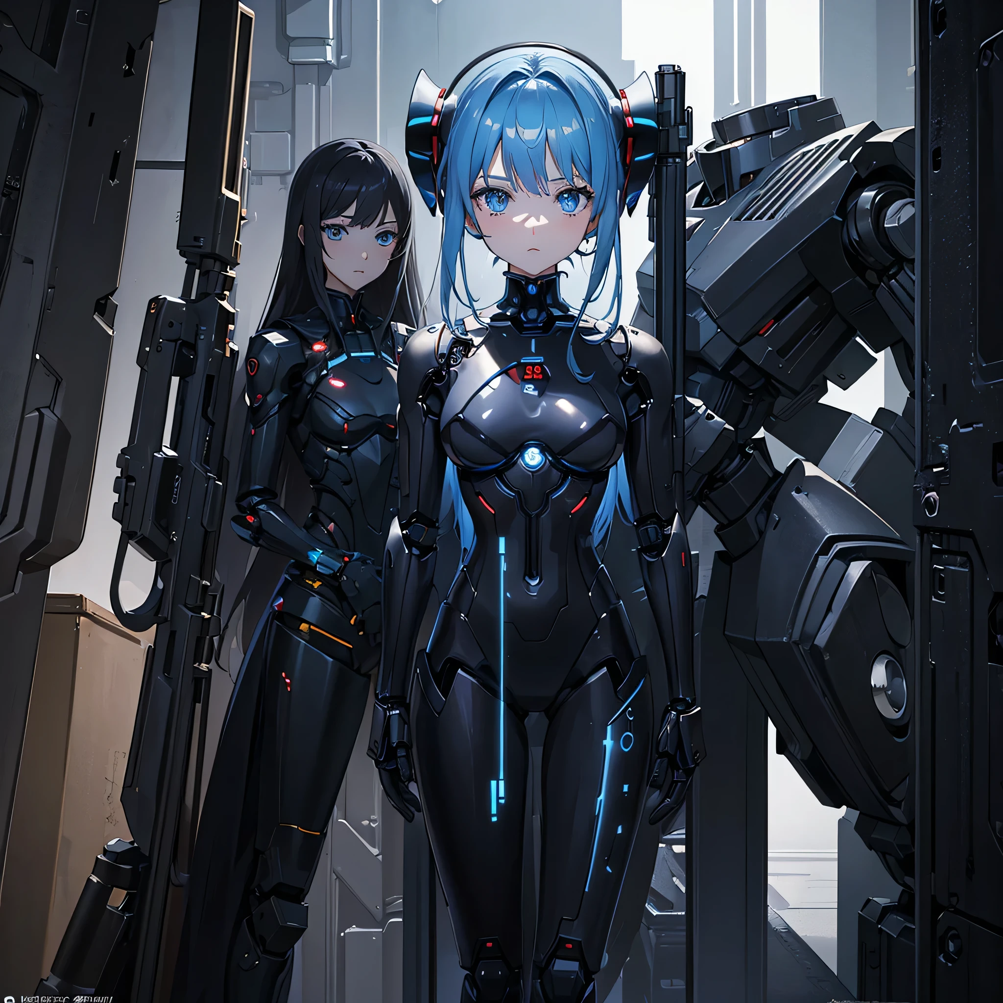 (masterpiece:1.2) (((32k))),(((Highest quality))), perfect woman, masterpiece, add_detail best quality, perfect anime girl, Poster, Futuristic, blue shades, robotic girl, love scene between a girl and a robot, girl and robot romantic scene, girl touching the robot's check, in love, romantic, human girl and male robot
