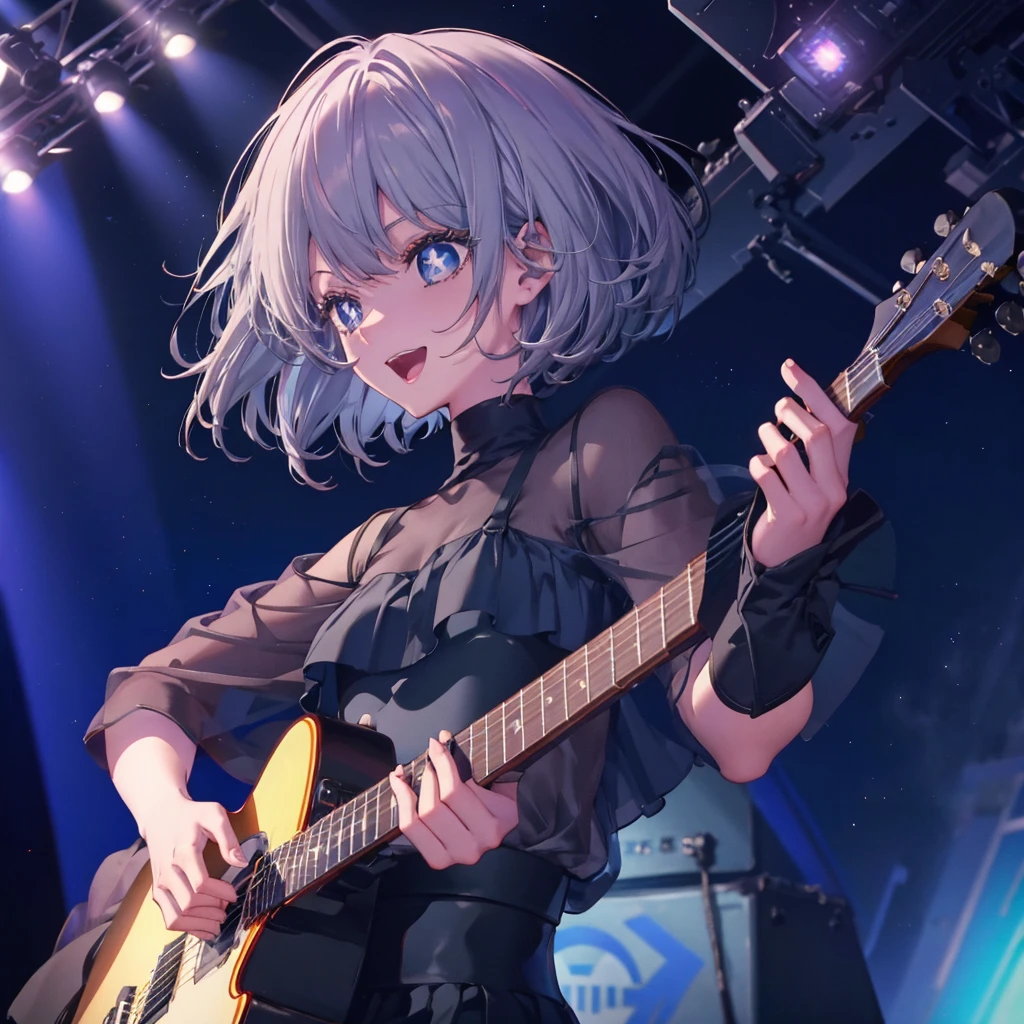 (((1 person　Gray Hair　dress　singer　blue eyes)))　((High resolution　short hair　青いdress　Black Skirt　Rin々Funny face))　((Close-up))　((Open your mouth　Shining Aura　On stage　Guitar solo))　(smile　Exposure to blue light)　Shining Background　Shining Edge