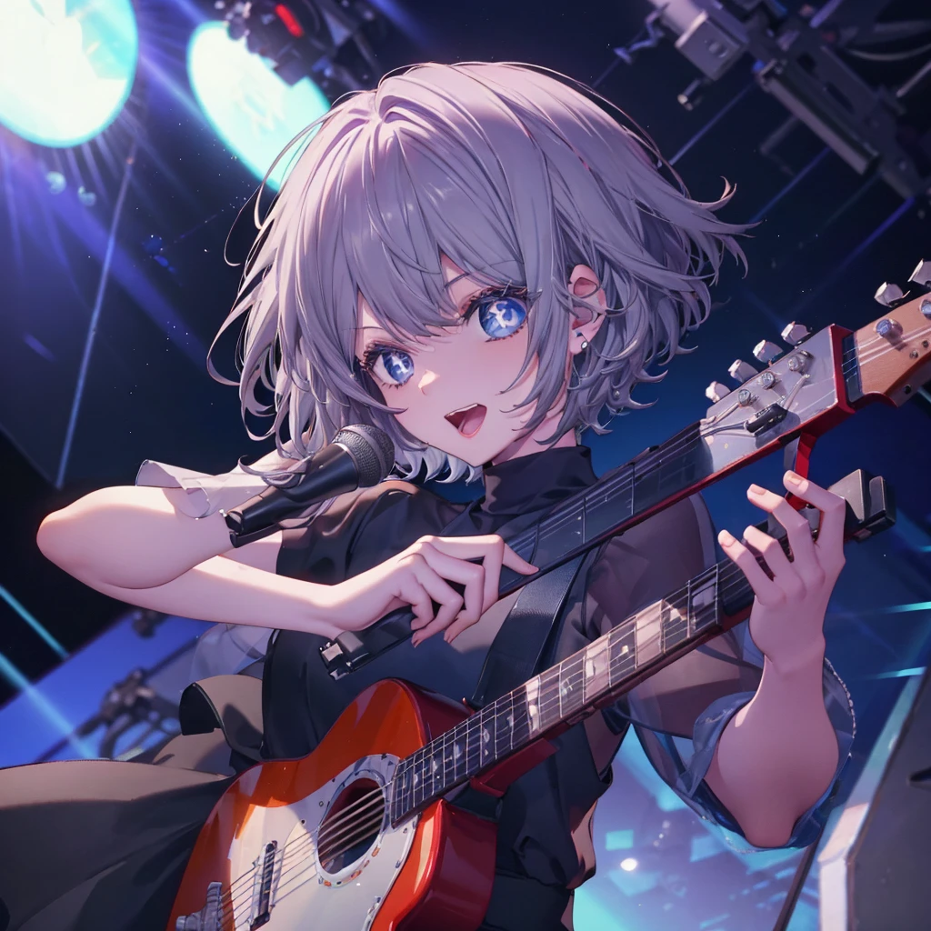 (((1 person　Gray Hair　dress　singer　blue eyes)))　((High resolution　short hair　青いdress　Black Skirt　Rin々Funny face))　((Close-up))　((Open your mouth　Shining Aura　On stage　Guitar solo))　(smile　Exposure to blue light)　Shining Background　Shining Edge