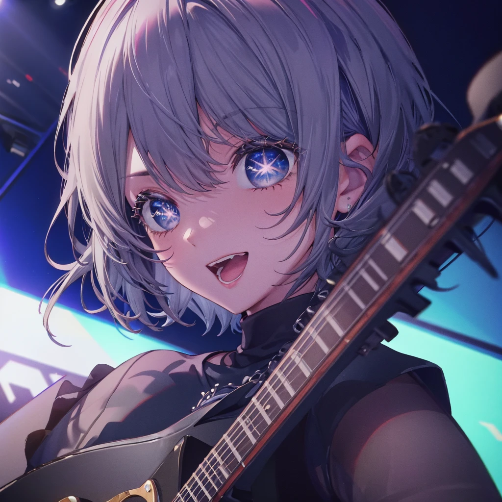 (((1 person Gray Hair dress singer blue eyes))) ((High resolution short hair 青いdress Black Skirt Rin々Funny face)) ((Close-up)) ((Open your mouth Shining Aura On stage Guitar solo)) (smile Exposure to blue light) Shining Background Shining Edge