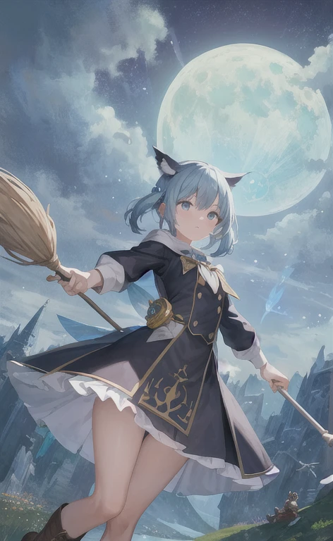 masterpiece, Highest quality, ultra-detaileded, figure, One girl, alone, Fantasy, flight, broom, Night Sky, Outdoor, magic, incantation, moon, performer, cloud, Wind, hair, Cape, Have, boots, broomstick, Shine, mysterious, Fascinating, Whimsical, Playful, Adventurous, , wonder, imagine, Decide, skill, speed, Movement, energy, realism, Naturalistic, Figurative, Expressive, beauty, Fantasy culture, myth, fairy tale, Folklore, Legend, witch, Wizard, magical creatures, Fantasy worlds, composition, scale, prospect, Middle Way, background, perspective, Light, color, texture, detailed, beauty, wonder.