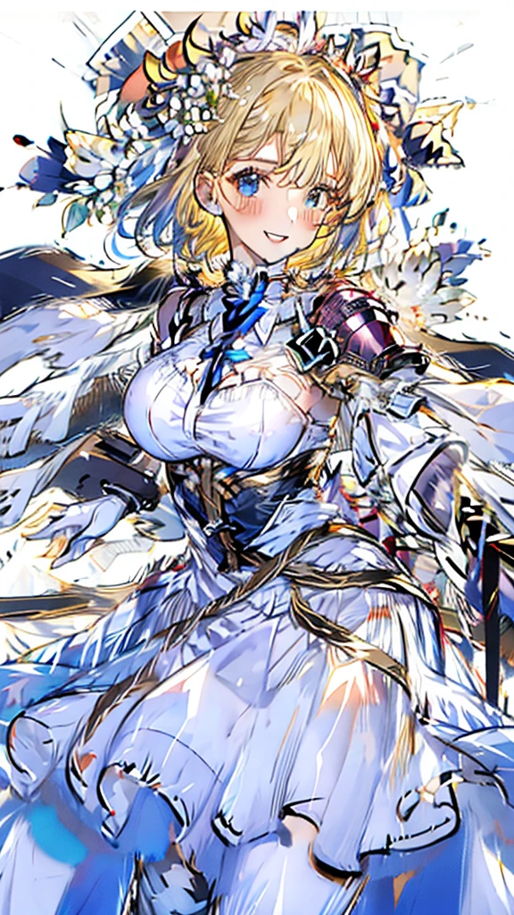 masterpiece、Highest quality、blonde、Shortcuts、White flower corsage、blush、woman、Big Breasts、sword、back、（White Wedding Dress）、White flowers on a simple background、Frills、Short skirt、Like a bride、Very detailed、、One person、smile、The face is Zeta、Armor only on shoulders、Natural Hands、White skin、