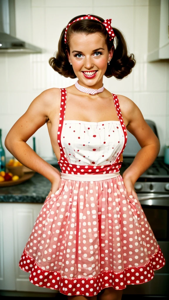 35mm photography, Joyful pinup girl in a polka dot apron polka dot pin up dress sexy blowing out the candles on the cake