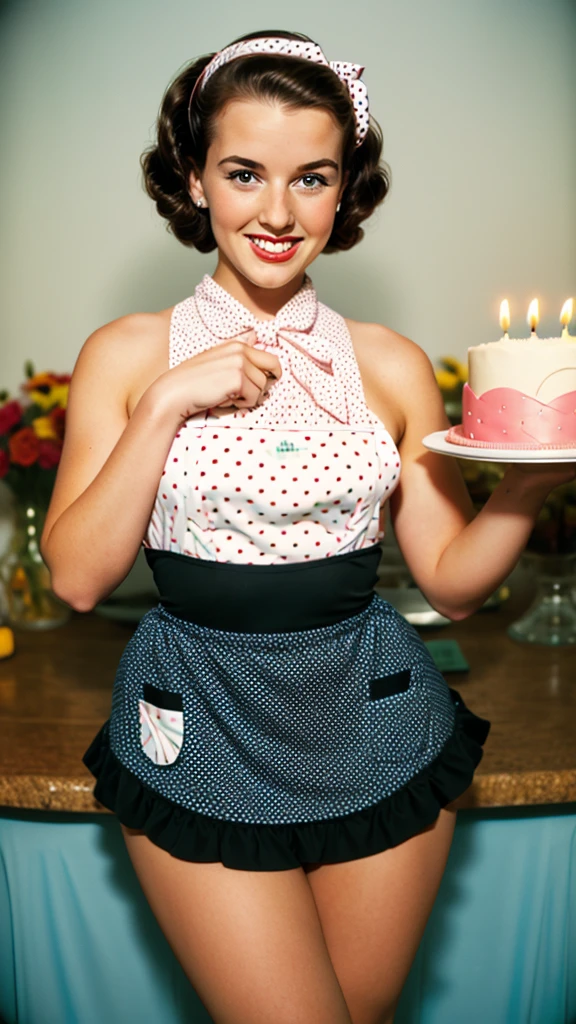 35mm photography, Joyful pinup girl in a polka dot apron polka dot pin up dress sexy blowing out the candles on the cake
