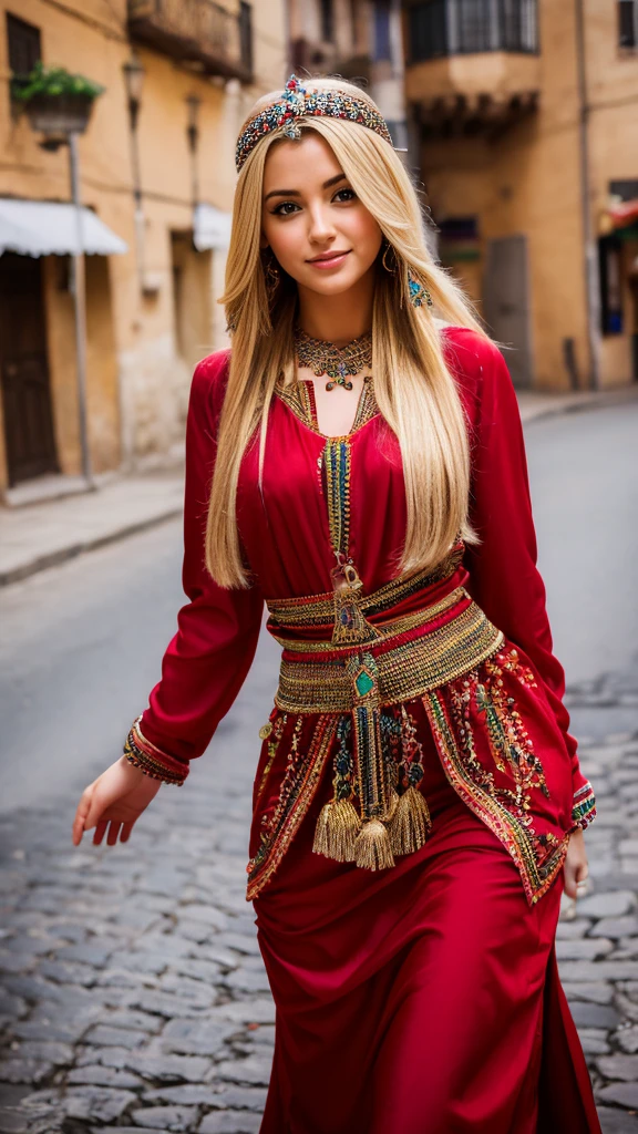 Most beautiful blonde lady, robe kabyle, berber,amazigh, kabyle beauty, bijoux,kabyledress, attractive, hd,best, perfect body ,red, street background