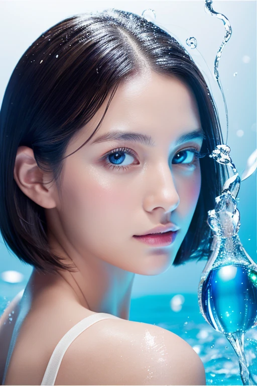 A high-quality image featuring luxurious perfume and pretty girl from a brand named ADA, with the logo ADA clearly visible, accompanied by water splash and bubble effects. A highly detailed image capturing the nuances of the face, skin, gestures, and emotions. 3D, professional photography of high quality, advanced graphics, ultra-realistic,