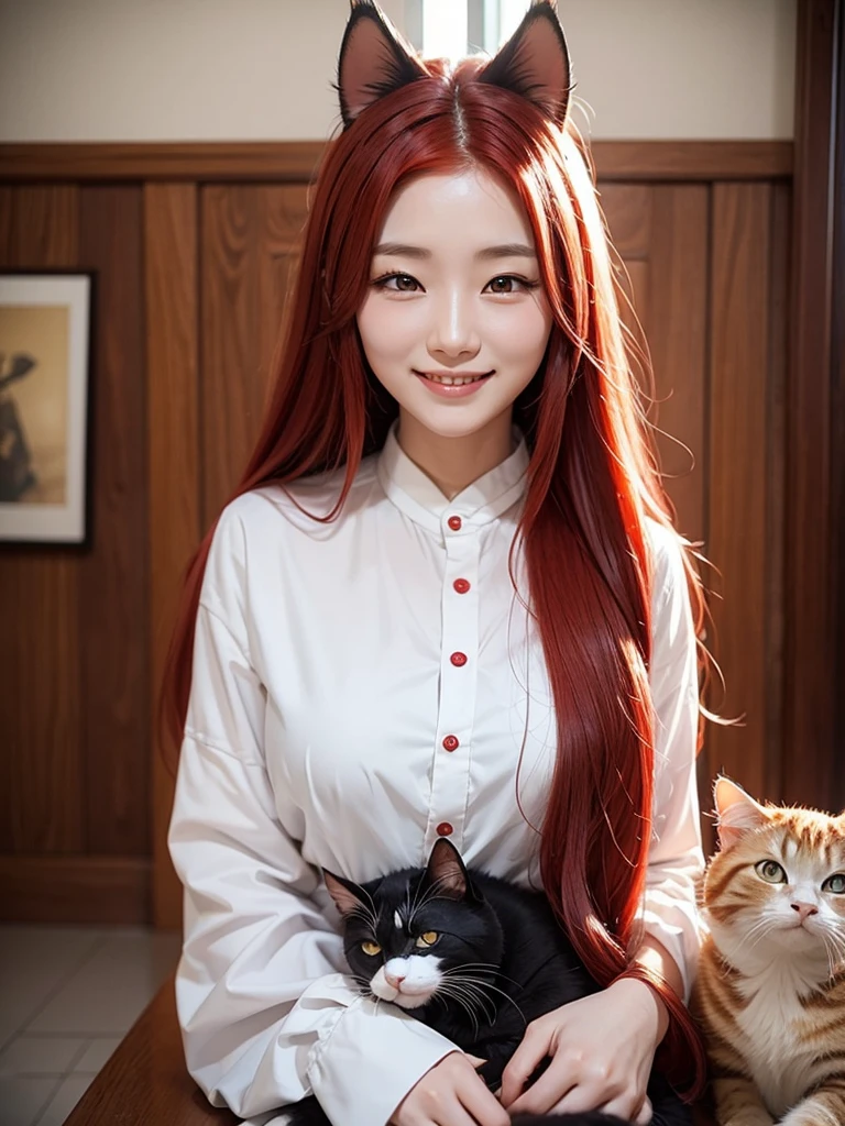 Korean woman with long red hair smiling, Cat's ears, face photo, Inside the house