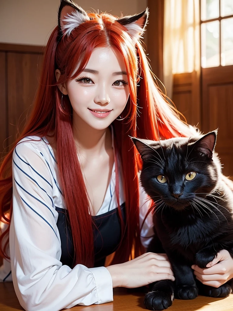  Korean woman with long red hair smiling, Cat's ears, face photo, Inside the house