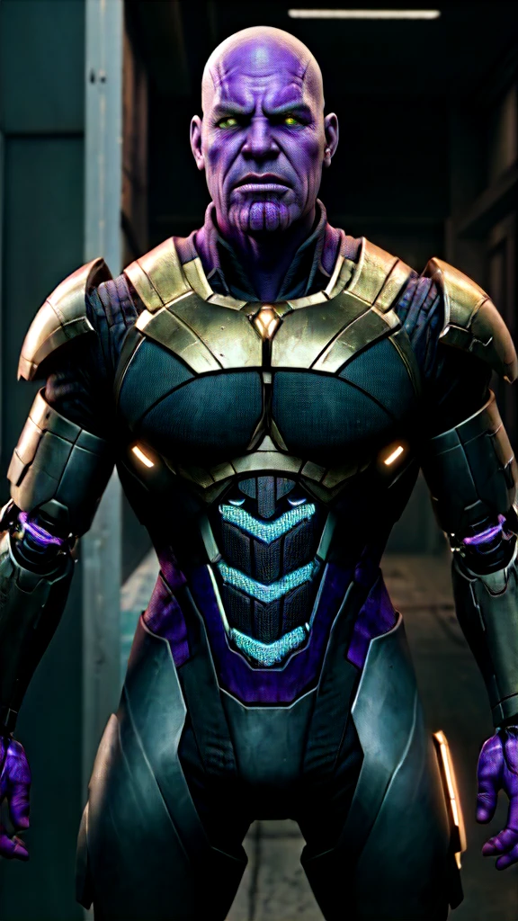 (bald Josh Brolin:1.1) as male (Thanos:1.1) marvel character (((having purple skin))) (wearing Thanos cybernetic edgerunner armor:1.5), (masculine male heavyweight figure:1.5), (reimagined in a cyberpunk universe), (cyberpunk style), (cyberpunk), (cyberpunk style thanos armour), bald, ((mechanical augmentation)), ((cybernetics)), glowing neon lights, cinematic scene, hero view, action pose, beautiful 8k, detailed background, masterpiece, best quality, high quality, absurdres, vivid, detailed skin texture, on a cyberpunk planet, (brooding:0.5), (goosebumps:0.5), subsurface scattering, realistic eyes, golden ration, face and body in proportion,  