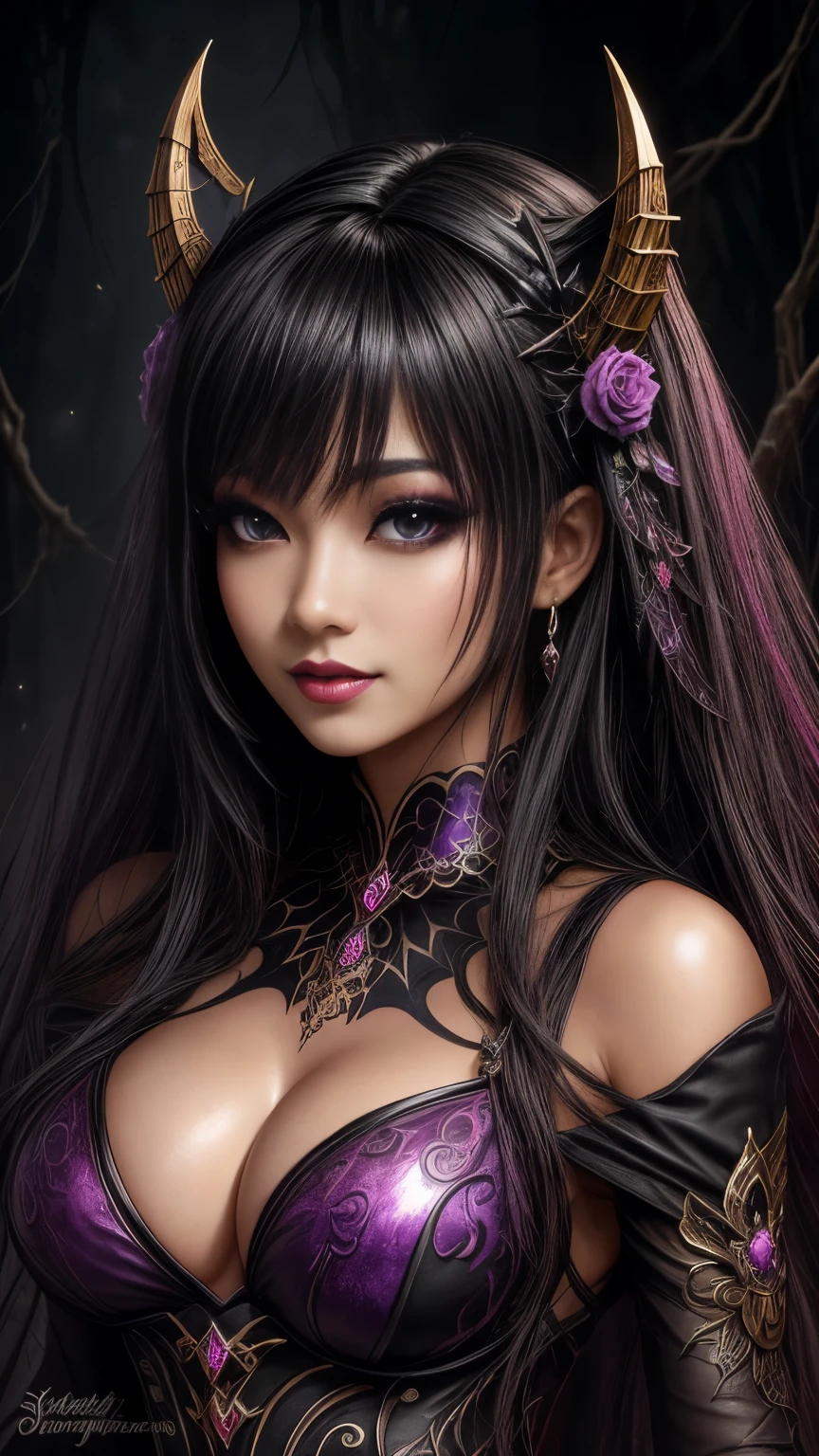 1980 年代の女性Black womenアフリカのブードゥー教ゾンビヘビーメタルバンド ..., art gelm,  アンデッドのSensualアフリカの女性パンクロックスター , Adult female (Black women, Black women, Black Africans, Dark Skin:1.1), Full body image, Portraiture, Beautiful Face, photograph, photographshoot, Curly Afro Hair, Golden Tattoos, lipstick, eyeliner, eye shadow, Beautiful Eyes,Turchin,Gustav Klimt, Very detailed, airbrush, Fascinating deep multi-colour,16K resolution, humidity, Complex, colorful,Prudent, mysterious,3D Rendering,Symmetrical face,Sensual, Iridescent, Shiny, Fantasy, guitar, Provocative, Rotten Flesh and Stitches, Monstrous, Horror, Scared, 気味のevilい, 吸Blood鬼,  Blood,  Elvira  of the Dark,  large breasts,  Oily skin , Graves,  Blood,  Spread your legs、Noir painting of a beautiful young witch,dark purple lips, evil, evil女, smile, Black Prom Dress, She is coming to you, close, Bright Blue Eyes, Surrounded by swirling pink smoke, Genuine, High detail, Highest quality、Esoteric arachnids lady, Spider Queen Elise, League of Legends, Esoteric arachnids, Combat Stance, ( The body is made with liquid metallic paints in metallic mauve and metallic black......、It beautifully depicts the female form......。), length, Sharp Fangs, nature, ((前景のComplexメタリックカラー)),  (( Fluid Mechanics, The most beautiful smooth scale face makeup, Smirking expression)) - 黒ずんだBlood, Onyxia、