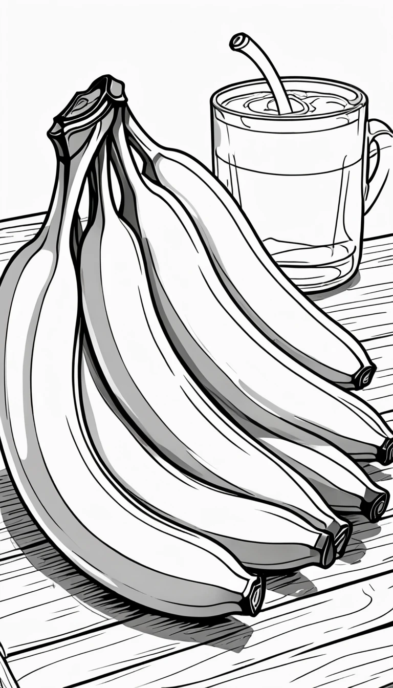 3 Bananas on the table. Children's coloring illustration. Black outline and white background. Picture size --ar 9:16--