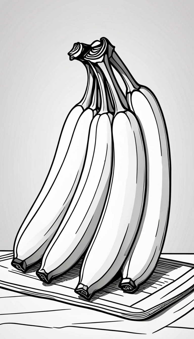 3 Bananas on the table. Children's coloring illustration. Black outline and white background. Picture size --ar 9:16--