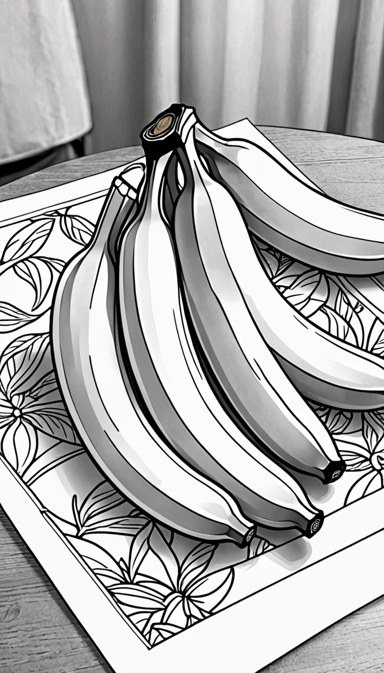 3 Bananas on the table. Children's coloring illustration. Black outline and white background. Picture size --ar 9:16--