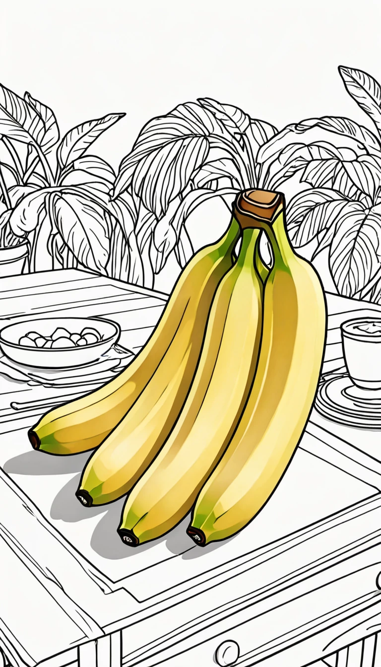 3 Bananas on the table. Children's coloring illustration. Black outline and white background. Picture size --ar 9:16--