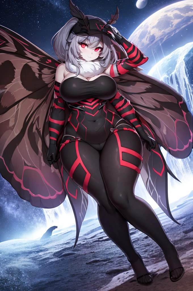 Moth women with dark grey and black and a little bit of red theme colors,big wings, big breasts, thick thighs, night sky, moth dust, nsfw, queen of the abyss 