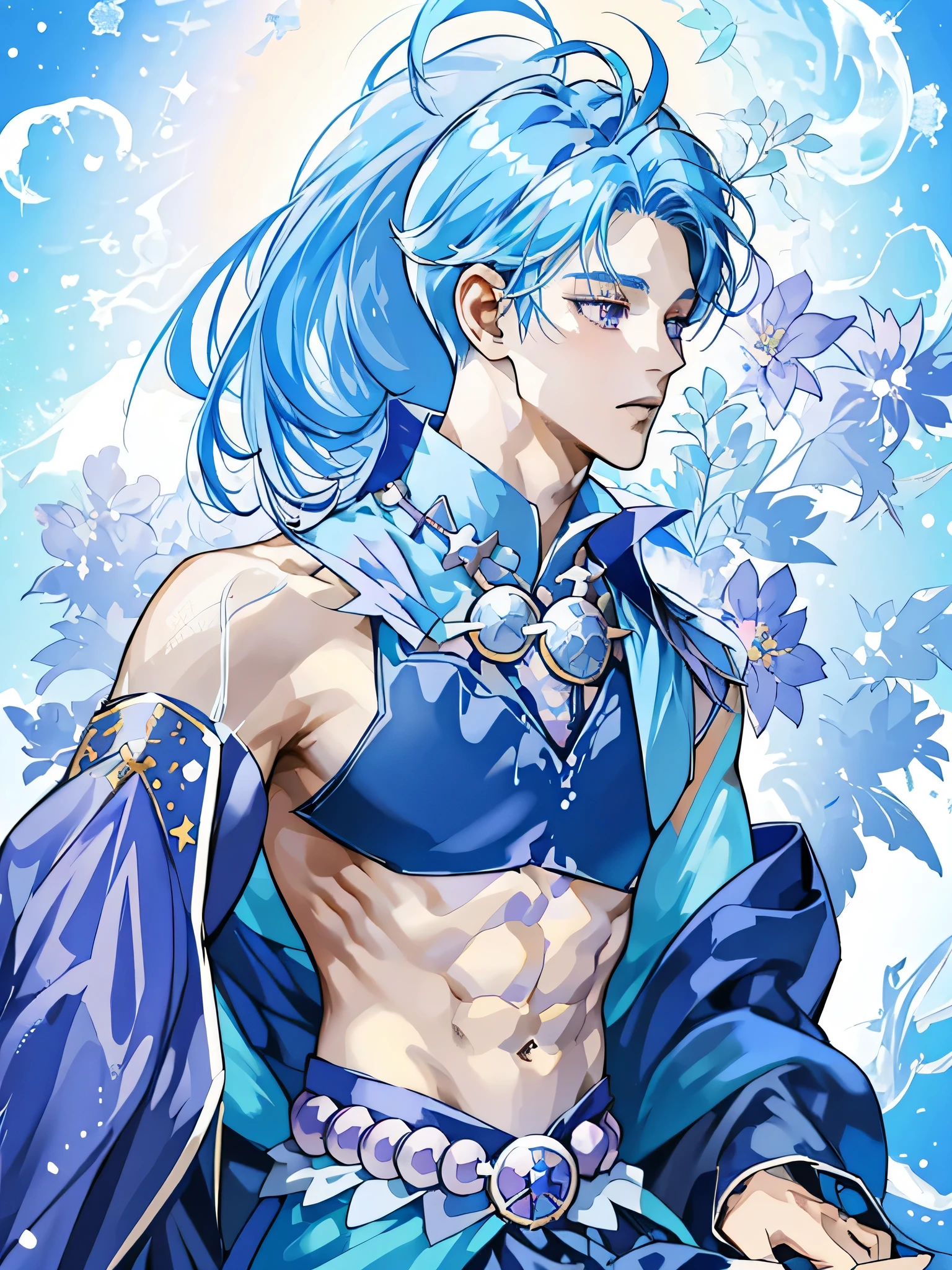 Close-up of a blue-haired cartoon male character, Beautiful Celestial Mage, Heavenly Aura, solo, Purple cyan long hair boy, Knight of Zodiac Boy, Sparkling Magical Boy, Royal Elegant Pose, Anime man in blue bikini, Anime man in belly button costume, Anime Prince, Blue crop top, bikini top with an blue, muscular man, Blue mini skirt, bikini top with an triangle, A magical aura around him, masculine and muscular, Portrait of Zodiac Boy Knight, Magical Glossy Skin, at night!!, Male focus, Bare legs,  Bare shoulders, Bare Arms, (male body:1.3),