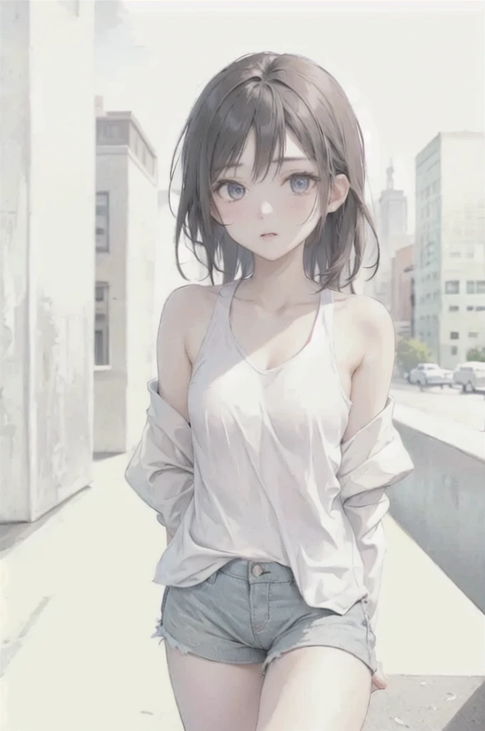 One girl,cute, Medium chest, Wavy Hair, View your viewers,crystal eyes, Black Hair,Day,Cityscape, Shorts, Off the shoulder, Bare shoulders, Open jacket , Detailed Background,Glossy Lips,
