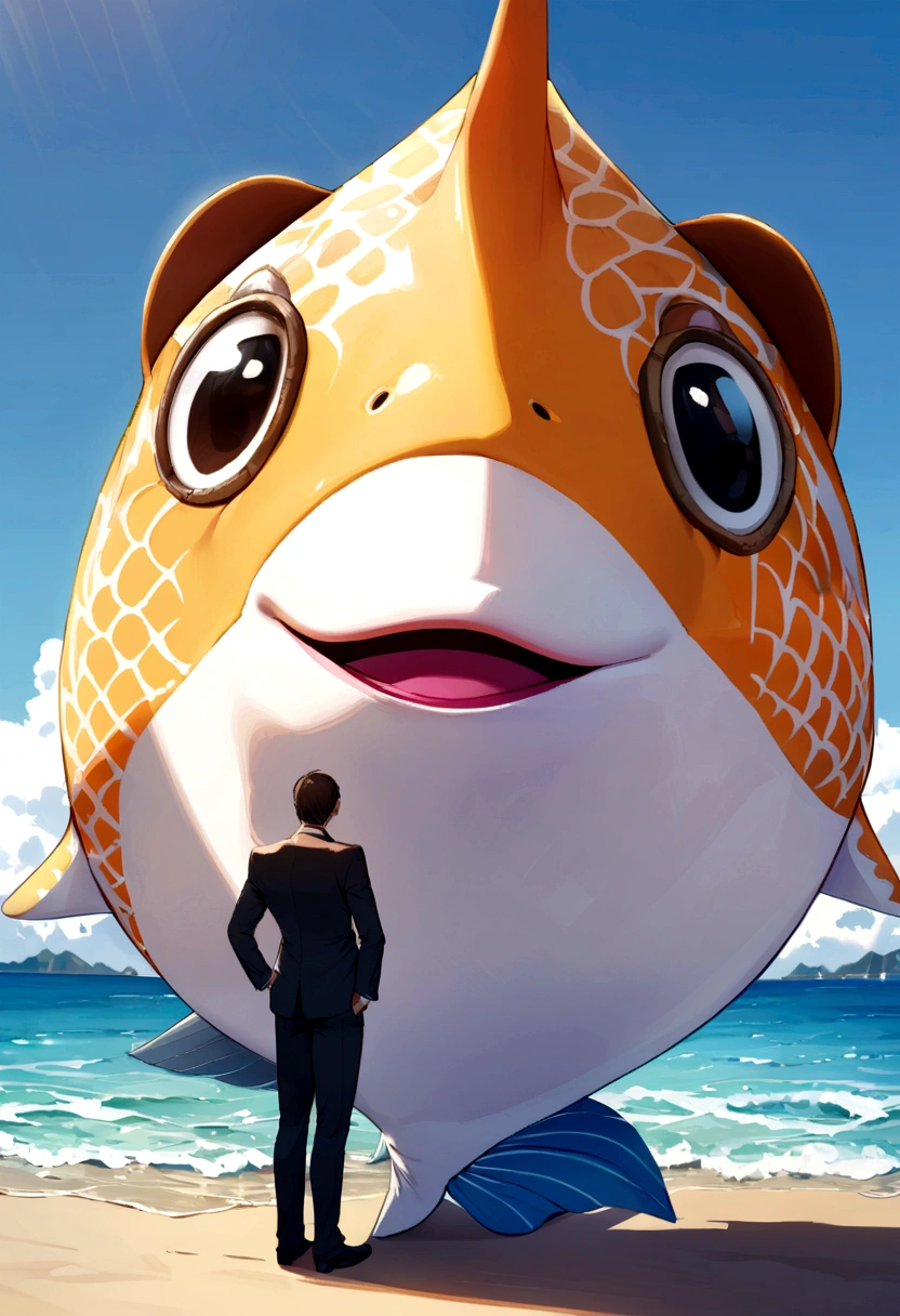 Ocean sunfish head,half-mermaid,business suit, standing