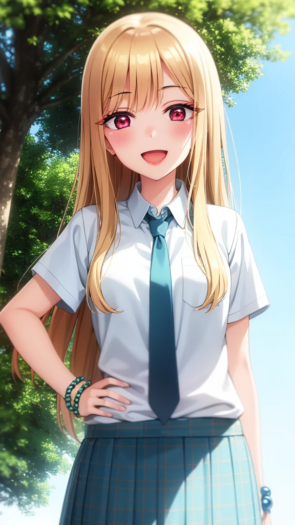 4K, Masterpiece, highres, absurdres,natural volumetric lighting and best shadows, deep depth of field, sharp focus, soft delicate beautiful attractive face,bisquedoll anime style ,[kitagawa marin|Nadia], 1girl, :d, upper body, bead bracelet, beads, black necktie, blonde hair, blue skirt, blush, bracelet, hand on own hip, jewelry, long hair, looking at viewer, necktie, open mouth, plaid, plaid skirt, red eyes, , shirt, outdoors, skirt, smile, solo, standing,white background, white shirt,
