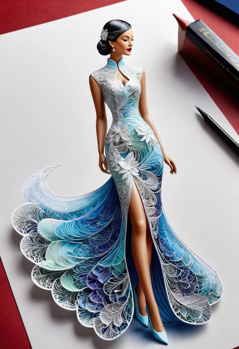 Dessiner une figurine 4D de style encre uhd époustouflante et à couper le souffle, portant une sublime Cheongsam dress très détaillé en dentelle fractal, effet holographique qui sort de la feuille de dessin, dessin extrêmement détaillé, hyperréaliste, Des détails sublimes. Un travail vraiment remarquable, travail joyeux et sensuel, (sublime poitrine effet push-up qui semble sortir de la feuille de dessin), (elle sort de la feuille de dessin)