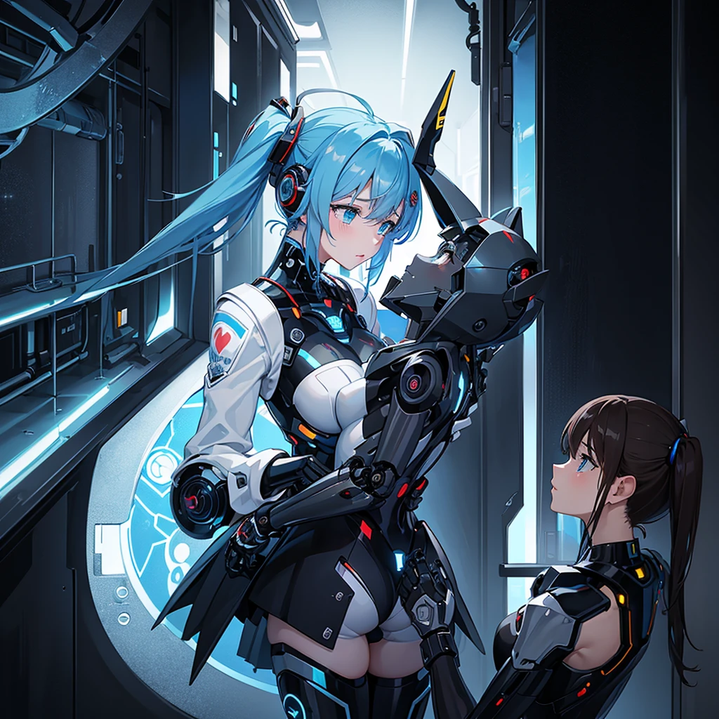 (masterpiece:1.2) (((32k))),(((Highest quality))), perfect woman, masterpiece, add_detail best quality, perfect anime girl, Poster, Futuristic, blue shades, robotic girl, love scene between a girl and a robot, girl and robot romantic scene, girl touching the robot's check, in love, romantic, human girl and male robot, girl and robot in love, kissing, hugging, emotional