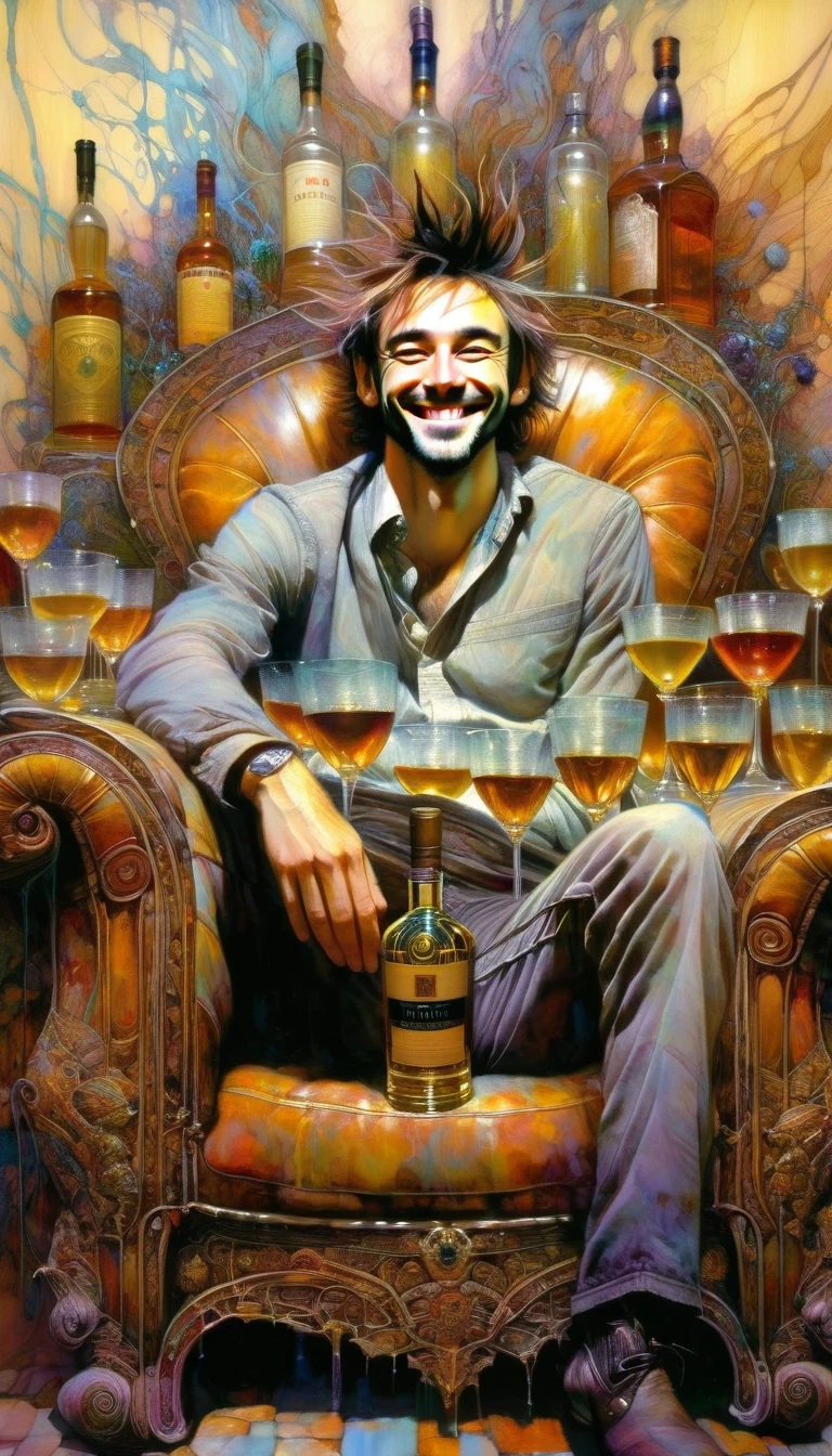 A man smiles sitting on a luxurious sofa, with nine cups of liquor on top of him on a piece of furniture, (art inspired by Brian Froud and Carne Griffiths and Wadim Kashin, intricate details, oil painting)
