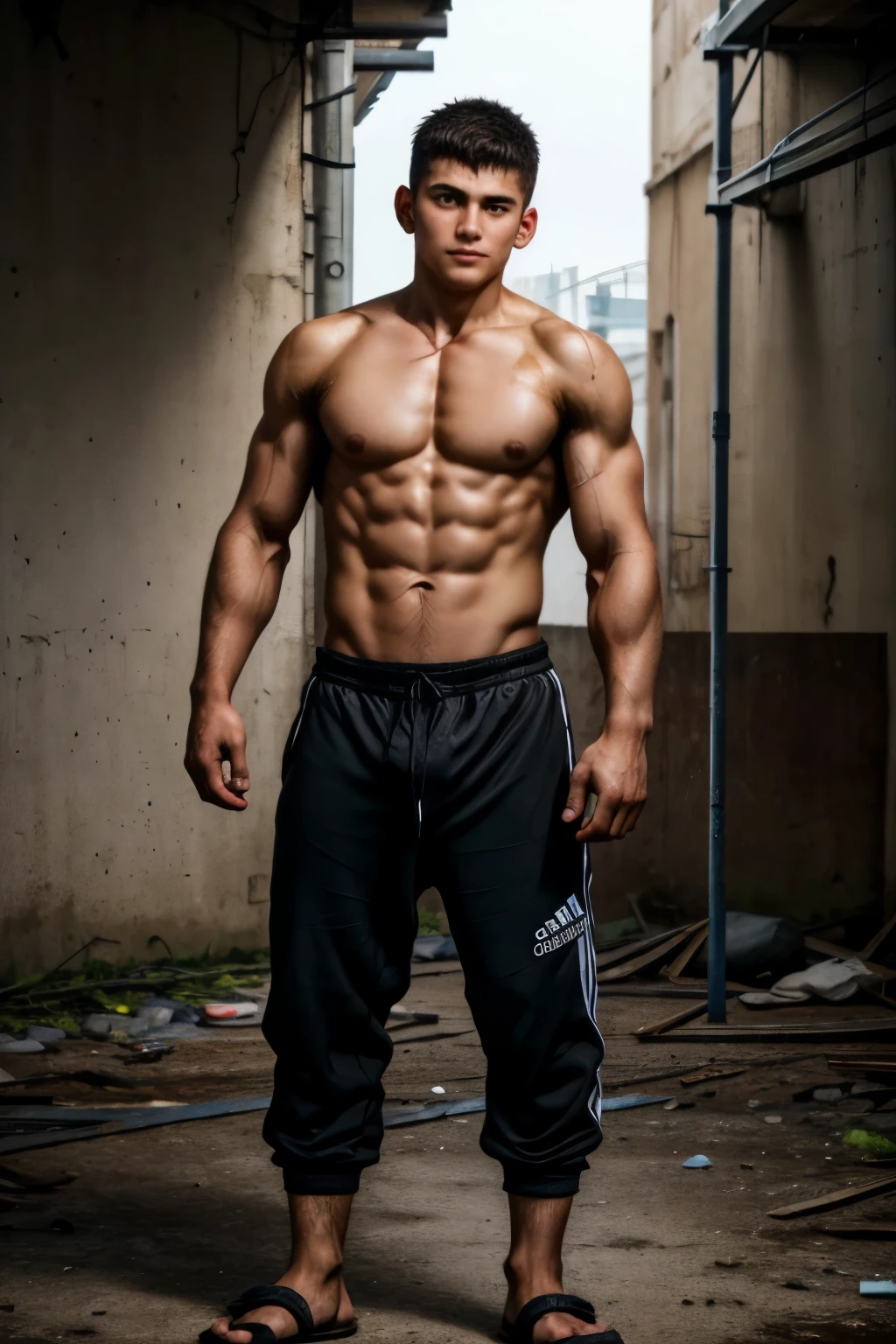 A sporty sunburnt barefoot himbo street fighter dagestani guy with a hot libido dressed in a worn dirty black Adidas sweatpants trains in an abandoned criminal area. After a hard fight, he flexes his muscles, showing off his sweaty, juicy, trained naked abs. bruises on the body. Agony. half smile. Desperate face. Brown eyes, very short tousled hair. Fighting epic pose. Dirty bare feet heels. Shirtless body. 8K UHD, detailed face, high quality