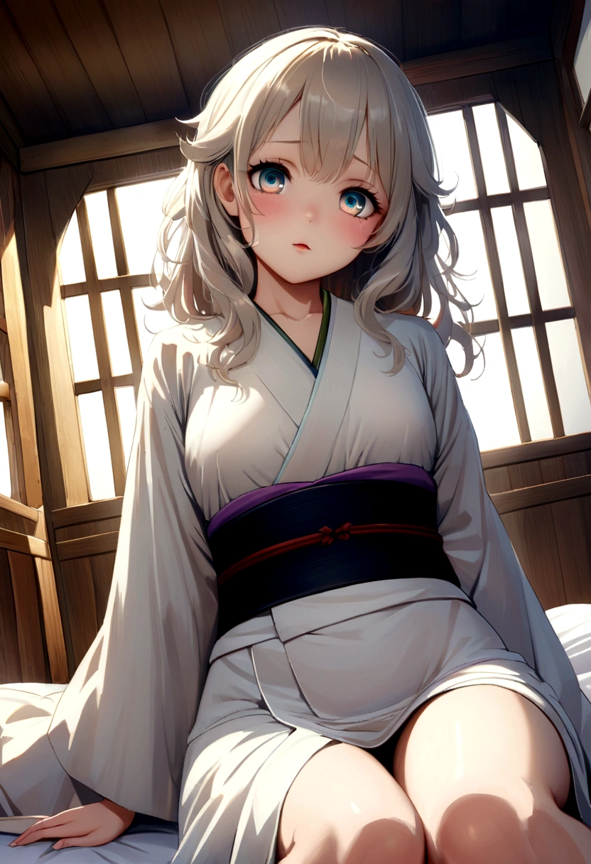 Realistic、anime、Big eyes、Strong sexual desire、リアルanimeスタイル、エロanime、Low - Angle、bed、Sit sloppily、Disheveled kimono、looking at the camera