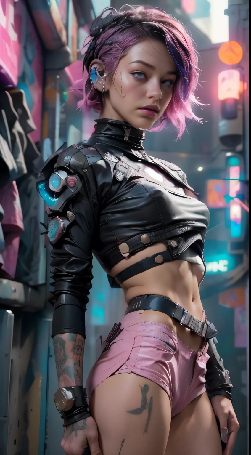 motor irreal:1.4,UHD,La mejor calidad:1.4, fotorrealista:1.4, textura de la piel:1.4, obra maestra:1.8,(((of the highest quality: 1.4))),(unparalleled masterpiece ever), (Ultra high definition),(Ultra-realistic 8K CG), offcial art、 (((adult body))), (((1girl in))), ((( Bob Shorthair ))), Punk girl with a perfect body, Jacket with metal spines,Beautiful and well-groomed face,,Detailed punk fashion,leather jackets, (Image from head to thigh),((Pink Bob Shorthair )), Small leather panties, Simon Bisley's urban savage style,Detailed street background of London,Clean abs, Complex graphics, dark pink with white stars and gray and white stripes,,,, (cyberpunk:1.4), piercings,