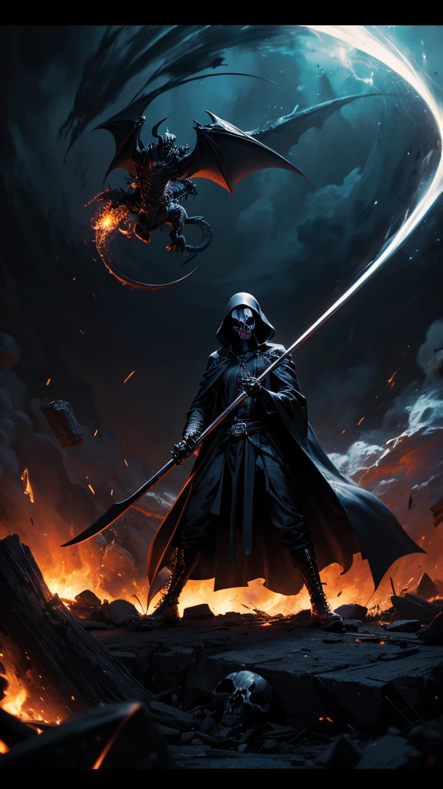 ((grim Reaper)) , ((grim Reaper dressed in black)), Has a big scythecasting, a powerfull spell, dramatic ball lightning between hands, dragon background,hell,, highly detailed, photography, ultra sharp, film, bokeh, professional, 64k ,despair