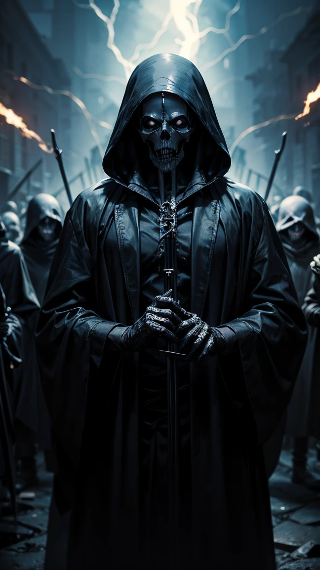 ((grim Reaper)) , ((grim Reaper dressed in black)), Has a big scythecasting, a powerfull spell, dramatic ball lightning between hands, dragon background,hell,, highly detailed, photography, ultra sharp, film, bokeh, professional, 64k ,despair