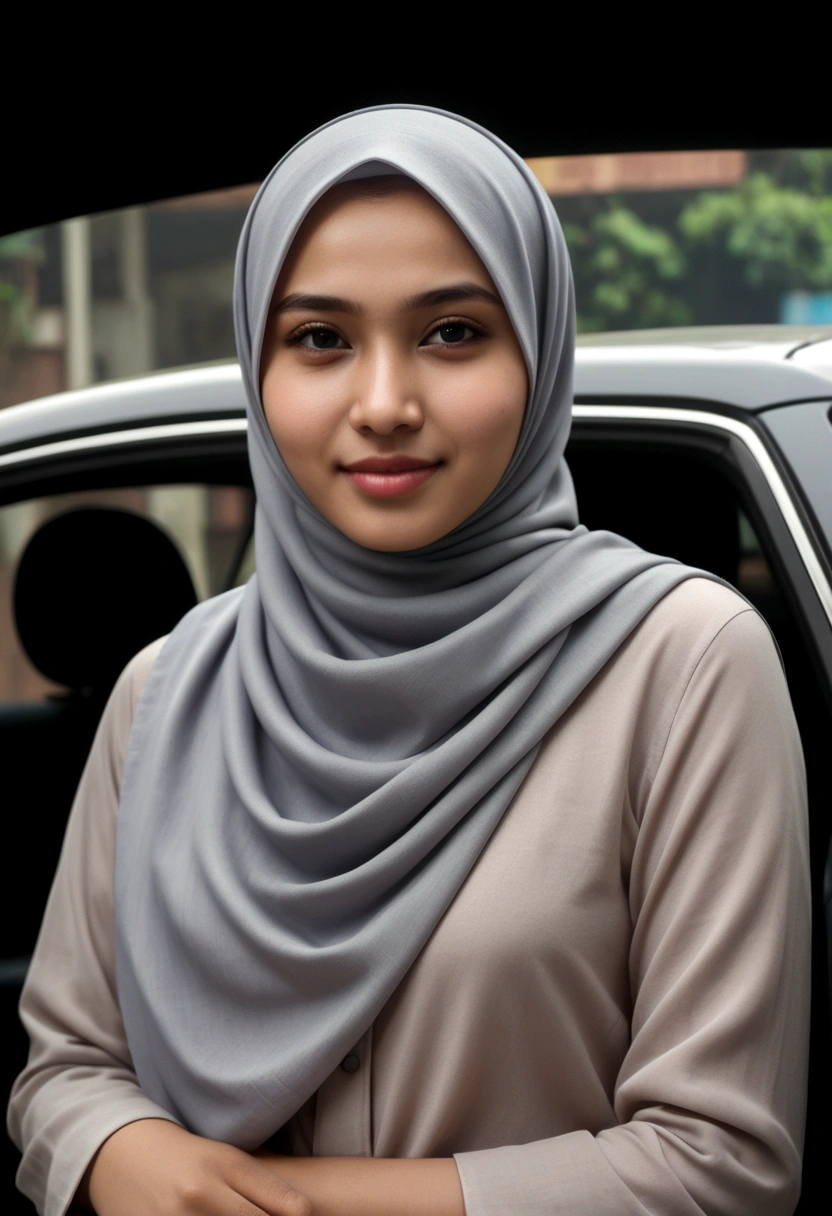 Photo portrait of a beautiful Bandung girl wearing a hijab and dimples, around 17 years old, (plain grey hijab), (portrait medium shot:1.3), dramatic light, Rembrandt lighting scheme, (hyperrealism:1.2), (8K UHD: 1.2), ( photorealistic:1.2), shot with Canon EOS 5D Mark IV, facial detail, skin texture detail. sitting on the car