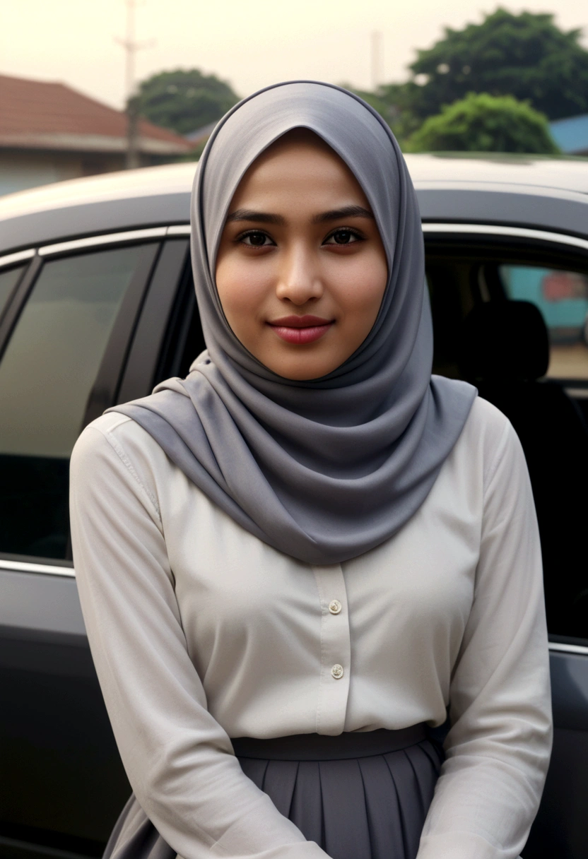 Photo portrait of a beautiful Bandung girl wearing a hijab and dimples, around 17 years old, (plain grey hijab), (portrait medium shot:1.3), dramatic light, Rembrandt lighting scheme, (hyperrealism:1.2), (8K UHD: 1.2), ( photorealistic:1.2), shot with Canon EOS 5D Mark IV, facial detail, skin texture detail. sitting on the car
