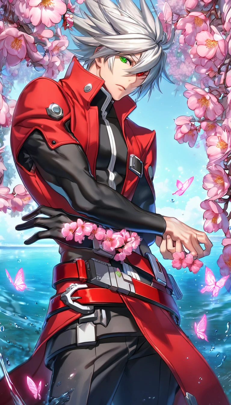 (absurdres, highres, ultra detailed, HDR) master piece, best quality, delicated features, Ragna the bloodedge, white spiky hair, heterochromia, his left eye being green, his right being red, Blazblue, his clothing consists of a hybrid of modern, futuristic and old features, he wears a vibrant red sleeved jacket, under it is a black shirt with three red belts and also several belts covering his right arm, he wears a pair of black gloves, solo, sexy man, handsome, water, blossoms, pink butterflies, pink flowers