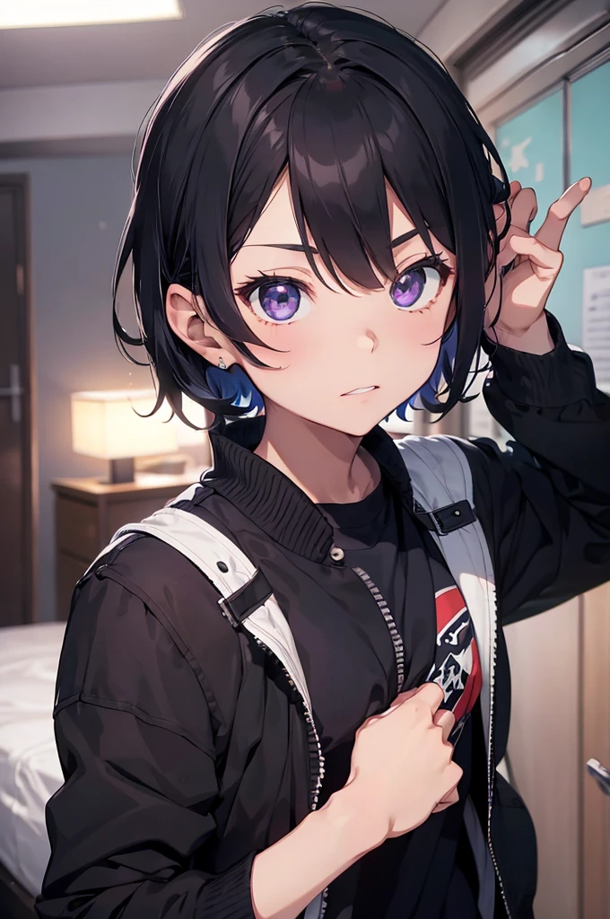 4K, (work of art), highest quallity, 2d, ((rebeld boy)), (teenage anime boy), black jacket, cold, selfie, short hair, red hair, heterochromatic eyes, full height, clean eyes, black eyelash, (intrincado detalhado), dramatic, makoto shinkai, purple eyes, in your room, serious, rainy, dinamical pose, boy anime