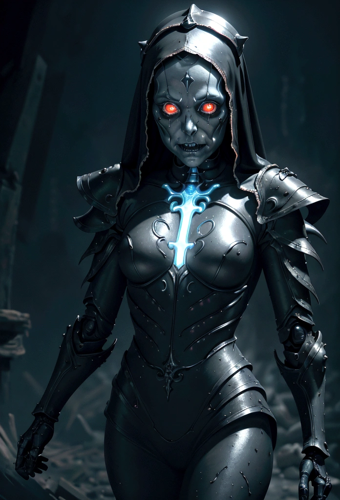 Movie《Tron》A beautiful nun, Glowing Skeleton Armor, peak, teeth, monster, Dirty Tentacles, Purulent comedones, Broken true dirt, Detailed face and eyes, Beautiful lips, Extremely detailed, 1 Girl, painting, Concept Art, Dark Fantasy, light, Dramatic shadows, Vibrant colors, Melancholy atmosphere, Ultra Detailed, 8K, Reality
