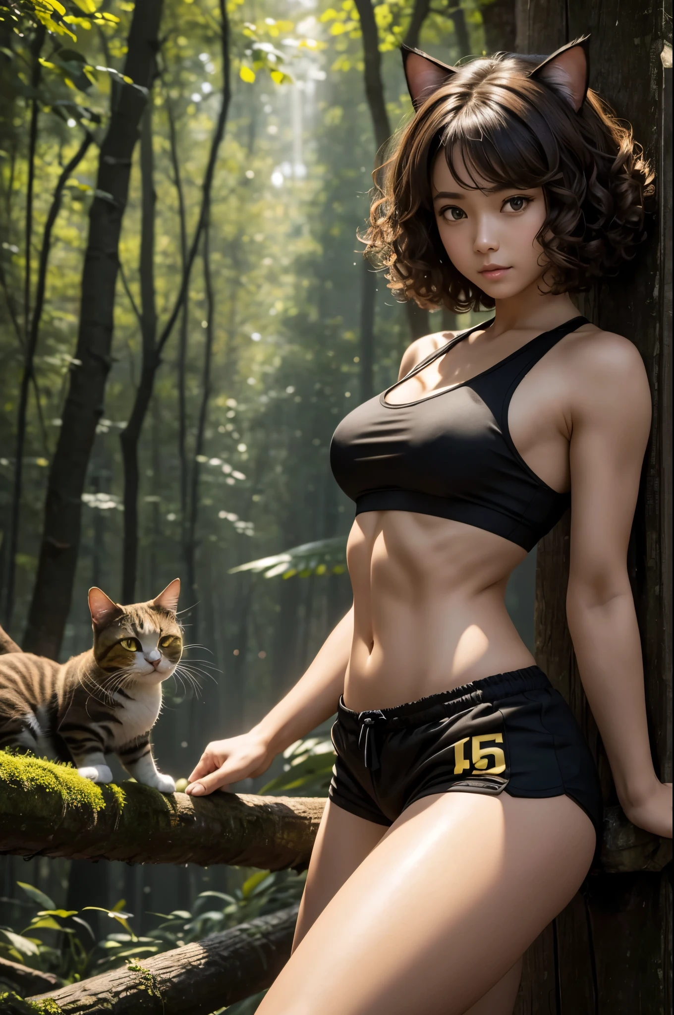 8K,黒と装を着て写真を撮るsmall breasts cat girl, small breasts cat girl, Her light brown hair and short curly hair are attractive., Fantasy art, little cat girl, Vojtek Fuss, Small black and yellow small chest armor, Chiquita, Trending on cgstation,In the woods,Laughter,Light brown permed short hair,Black and yellow shorts,attractive,Ultra-high resolution,Realistic Skin,has cat eyes,Rich colors, Backlight, Cinema Lighting, Film Grain, 50mm lens, Nikon D850,Ultra-high resolution,Ultra-realistic,Compensate,Super sexy,Very violently、Strong abdominal muscles,Big eyes,whole body muscular,concentrated,Strengthen all your muscles,Dynamic pose,and black exterior,and black combat shorts,Very small breasts,