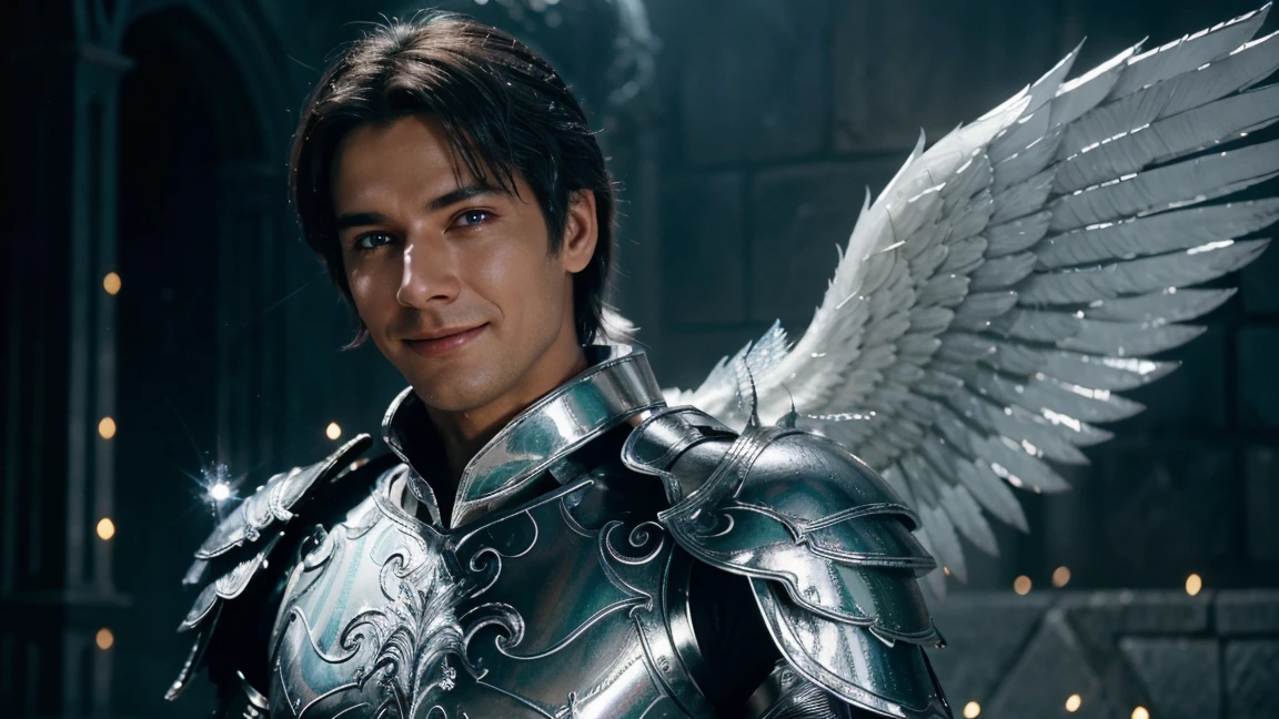 Close-up of a stunning male angel dressed in shimmering silver metallic armor, with magnificent white wings. He extends his hand, from which a blue-green flame bursts forth. A sarcastic smile graces his face. The scene is cold and dark, with a cinematic, photorealistic quality. DVD screenshot of 1987 Dark Souls fantasy film