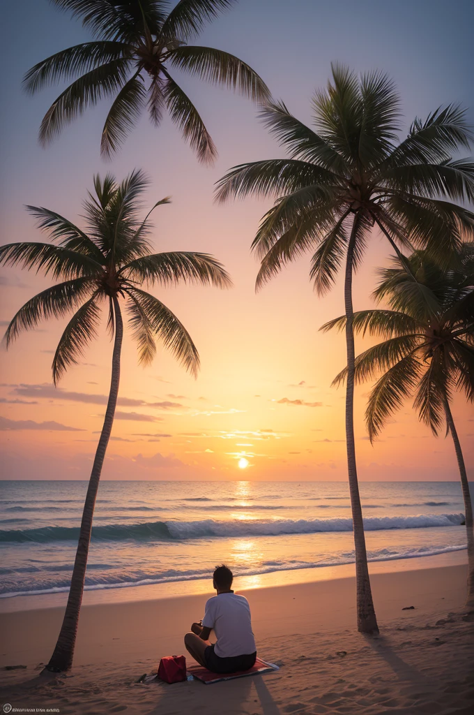 A realistic painting of a beach at sunset with coconut trees on the left side and on the right side of the image is a man sitting in the middle admiring the sunset