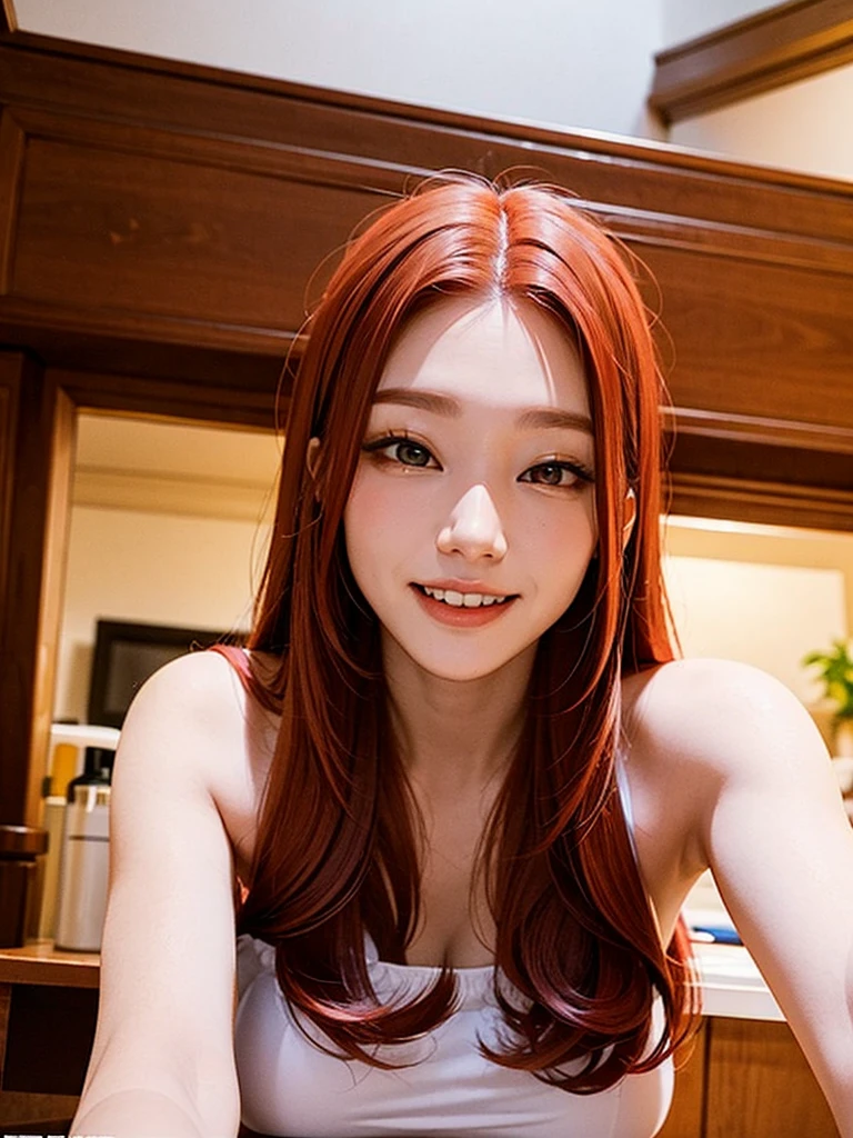 Korean woman with long red hair smiling, Cat's ears, face photo, Inside the house