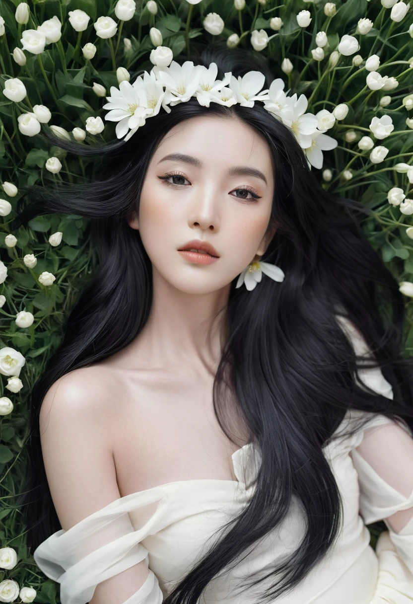 a woman with long black hair and white flowers in her hair is laying down in a field of white flowers, (amy sol:0.248), (stanley artgerm lau:0.106), (a detailed painting:0.353), (gothic art:0.106)