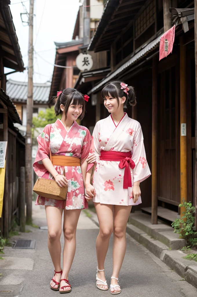 2 girls standing in old-Japanese street,floral pink yukata with red obi,18-year-old,bangs,a little smile,thighs,knees,short hair and low pigtails with red ribbon bow,from before,front light