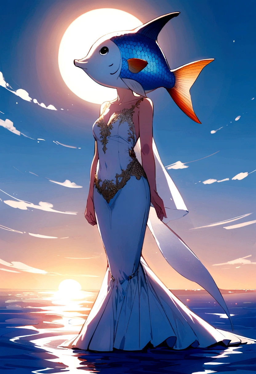 Ocean sunfish head,half-mermaid,business suit, standing