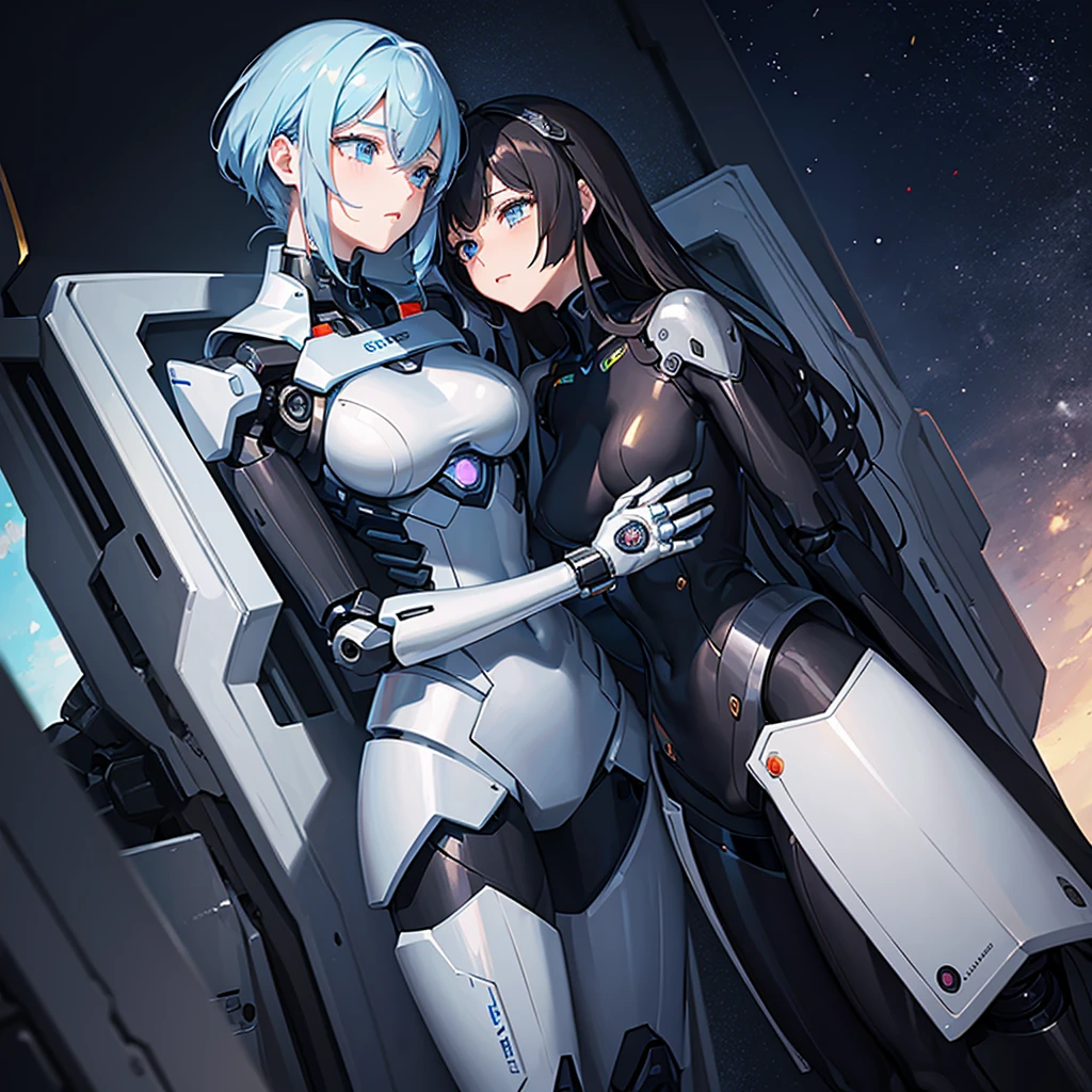 (masterpiece:1.2) (((32k))),(((Highest quality))), perfect woman, masterpiece, add_detail best quality, perfect anime girl, Poster, Futuristic, blue shades, robotic man, love scene between a girl and a robot, girl and robot romantic scene, girl touching the robot's check, in love, romantic, human girl and male robot, girl and robot in love, kissing, hugging, emotional