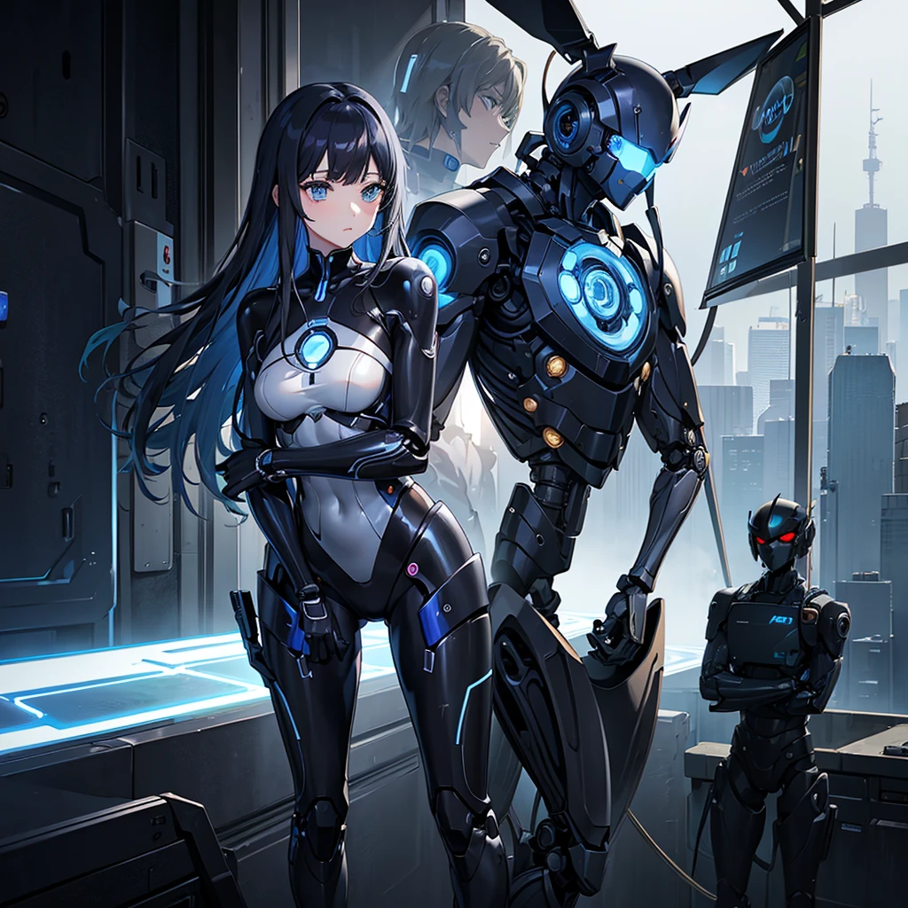 (masterpiece:1.2) (((32k))),(((Highest quality))), perfect woman, masterpiece, add_detail best quality, perfect anime girl, Poster, Futuristic, blue shades, robotic man, love scene between a girl and a robot, girl and robot romantic scene, girl touching the robot's check, in love, romantic, human girl and male robot, girl and robot in love, kissing, hugging, emotional