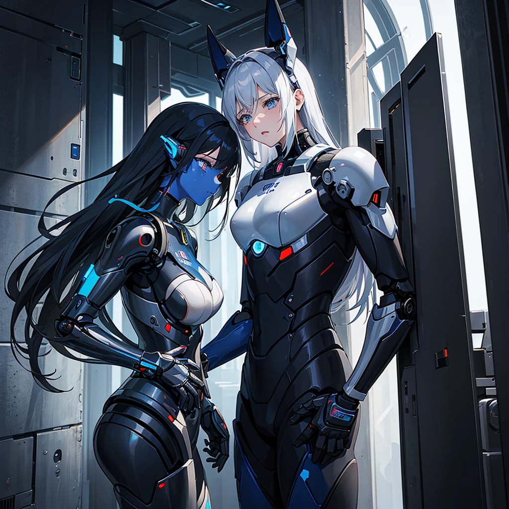 (masterpiece:1.2) (((32k))),(((Highest quality))), perfect woman, masterpiece, add_detail best quality, perfect anime girl, Poster, Futuristic, blue shades, robotic man, love scene between a girl and a robot, girl and robot romantic scene, girl touching the robot's check, in love, romantic, human girl and male robot, girl and robot in love, kissing, hugging, emotional