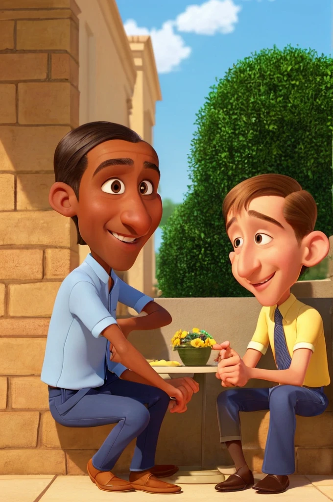 a ratatouille-style cartoon image of two well-dressed men, both are the same height one has darker skin and the other has lighter skin the two are talking and smoking and sitting on a wall, they are near a lawn and the sun is setting